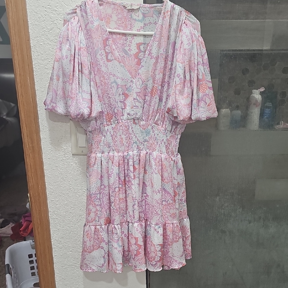 Women's Pink Floral Short Sleeve Smocked Waist Dress